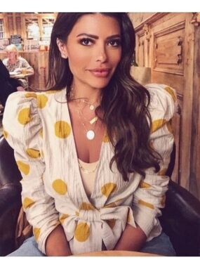 Zara White Blouse with Mustard Polka Dots and Puff Sleeves